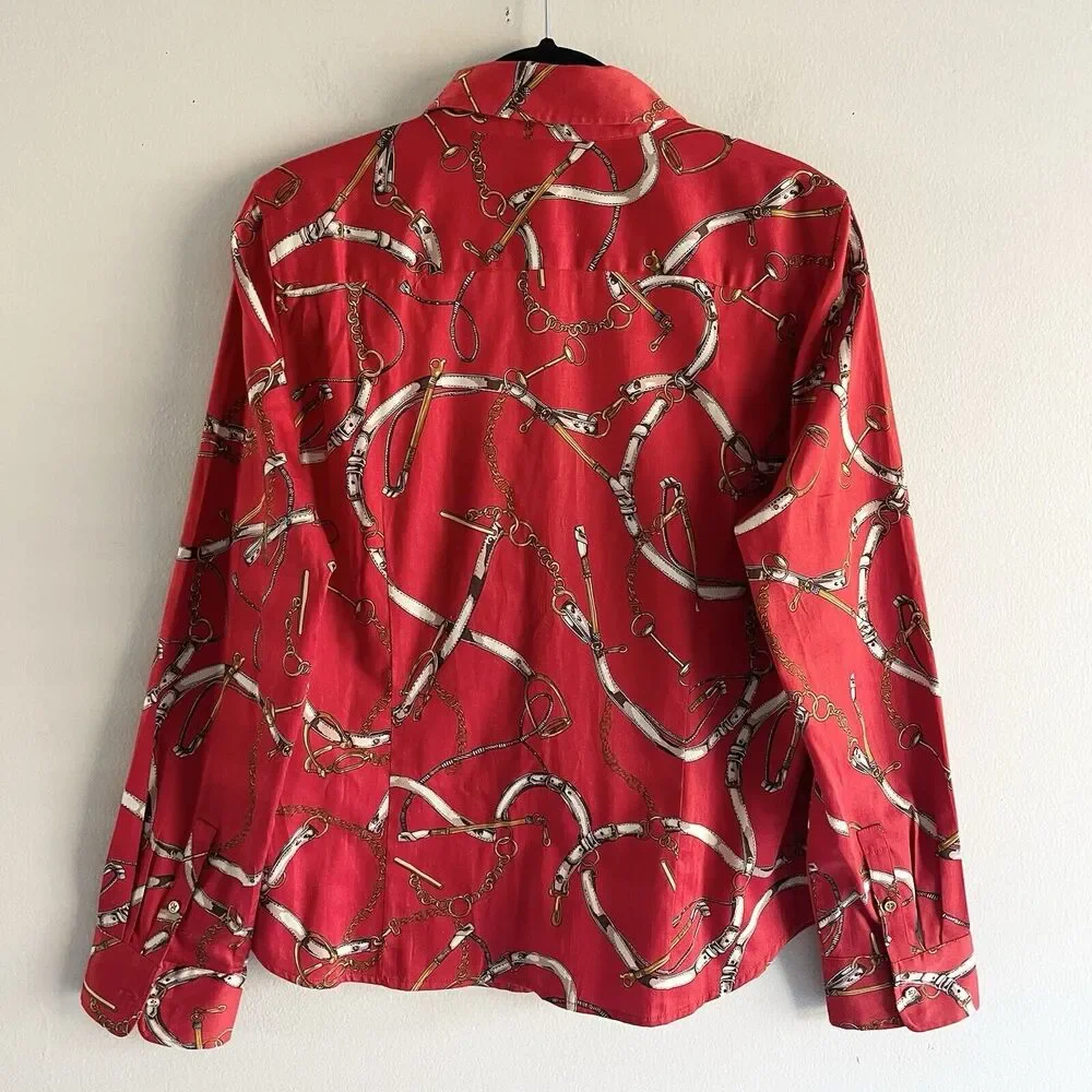 Talbots Top Plus Size 14 Womens Shirt Chains Versace Style Red Gold Print Button - Picture 5 of 10